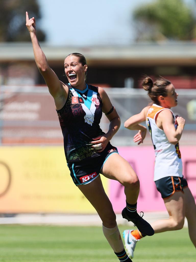 Matilda Scholz celebrated her first AFLW goal on a big day for the Power. Picture: James Elsby/AFL Photos