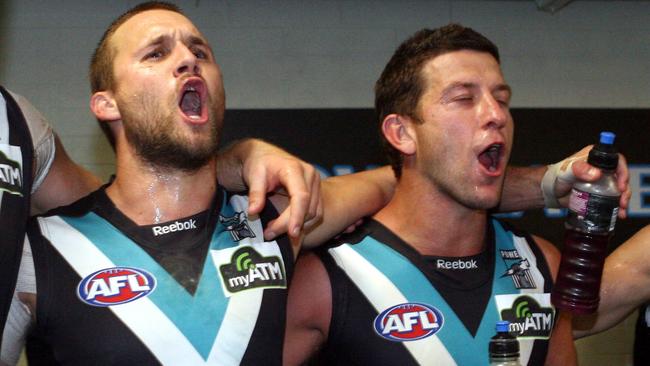 Jacob Surjan and Josh Carr belt out the Port Adelaide song during their Power career.