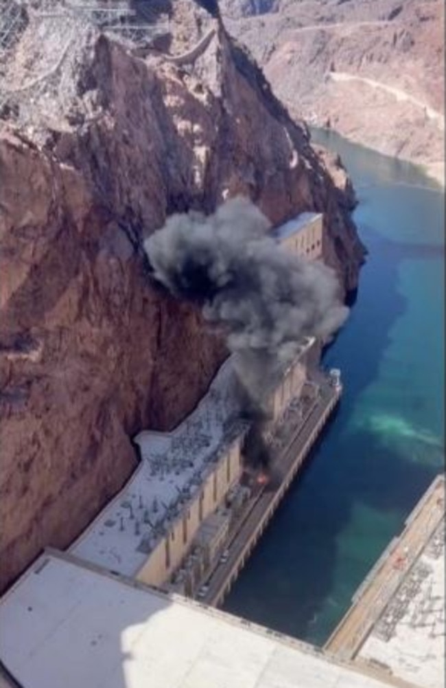 Video captured the moment thick black smoke was seen billowing from the Hoover Dam in Nevada on Tuesday morning. Picture: TikTok/iris_jaded
