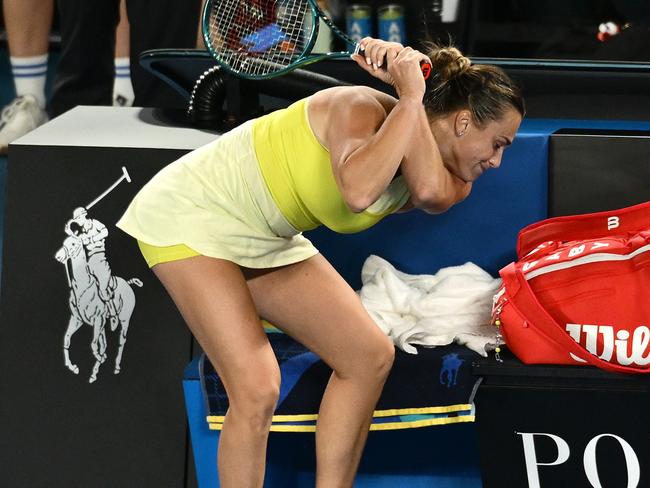 MELBOURNE, AUSTRALIA - JANUARY 25: Aryna Sabalenka throws her smashed racket after her defeat by Madison Keys of the United States in the Women's Singles Finalduring day 14 of the 2025 Australian Open at Melbourne Park on January 25, 2025 in Melbourne, Australia. (Photo by Quinn Rooney/Getty Images)