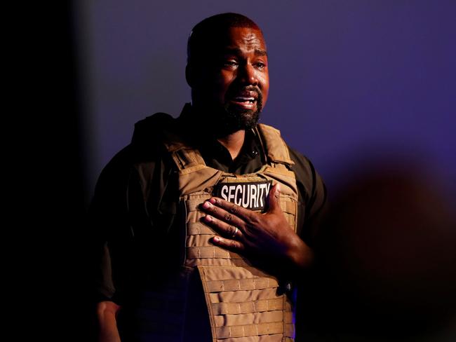 Rapper Kanye West gets emotional as he holds his first rally in support of his presidential bid. Picture: Reuters