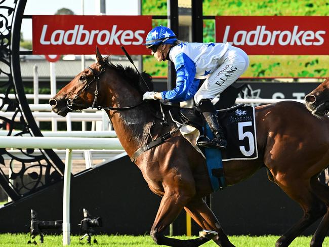 Apprentice Emily Lang scores her first win in a Listed race after saluting on the Tony Gollan-trained gelding Boomtown Boss in the 1400m Daybreak Lover at Eagle Farm on Saturday, April 19, 2025. Picture: Grant Peters / Trackside Photography