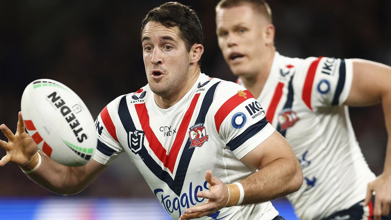 MELBOURNE, AUSTRALIA - SEPTEMBER 15: Nat Butcher of the Roosters catches the ball during the NRL Semi Final match between Melbourne Storm and the Sydney Roosters at AAMI Park on September 15, 2023 in Melbourne, Australia. (Photo by Daniel Pockett/Getty Images)