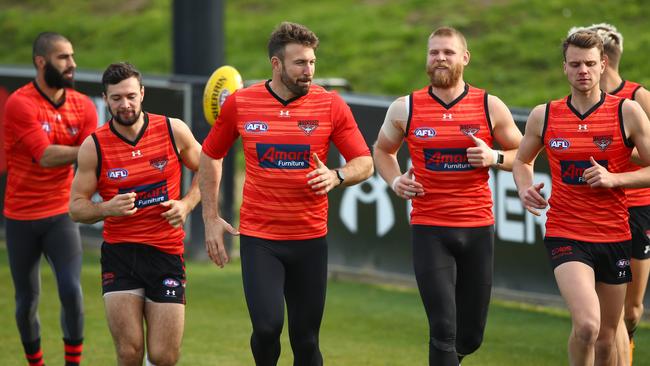 Conor McKenna (second from left) training with Adam Saad, Cale Hooker, Michael Hurley, Matt Guelfi and Jordan Ridley last week. Picture: Getty Images