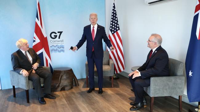 Boris Johnson, Joe Biden and Scott Morrison at a trilateral meeting during the G7 summit in Cornwall in June. Picture: Adam Taylor / PMO