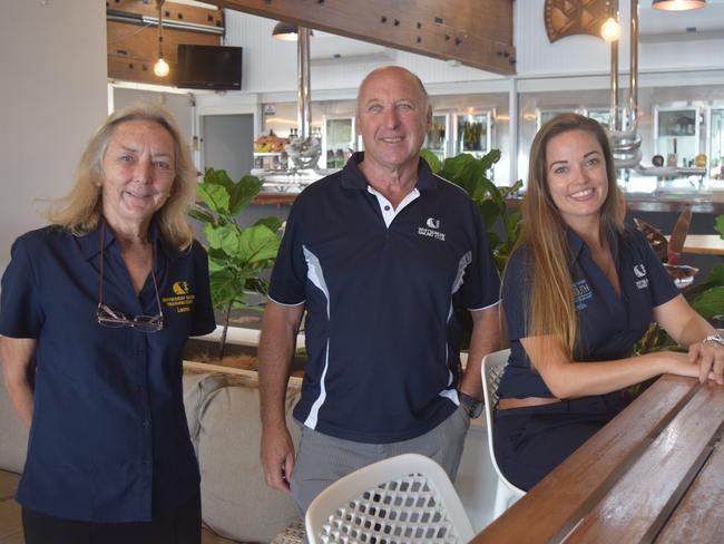 Club secretary Leonie Matthews, sailing manager Ross Chisholm and event manager Caitlin McLuskey at the newly-reopened Whitsunday Sailing Club restaurant, 20 Degrees South.