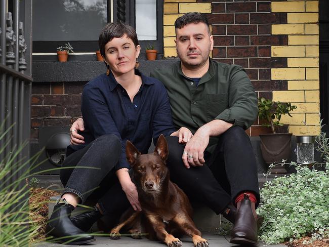 Rents have been soaring generally as more return to the city as well. Scott Morrison said the best way to help renters was to help them buy a house, but Rez and Ailsa March can't save as majority of income goes on rent. (L-R) Alisa March, Rez March and their dog Ruba. Picture: Josie Hayden