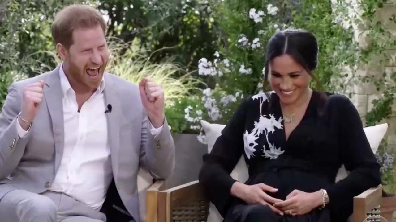 Prince Harry and Meghan Markle wearing the tennis bracelet during the interview with Oprah Winfrey. Picture: CBS