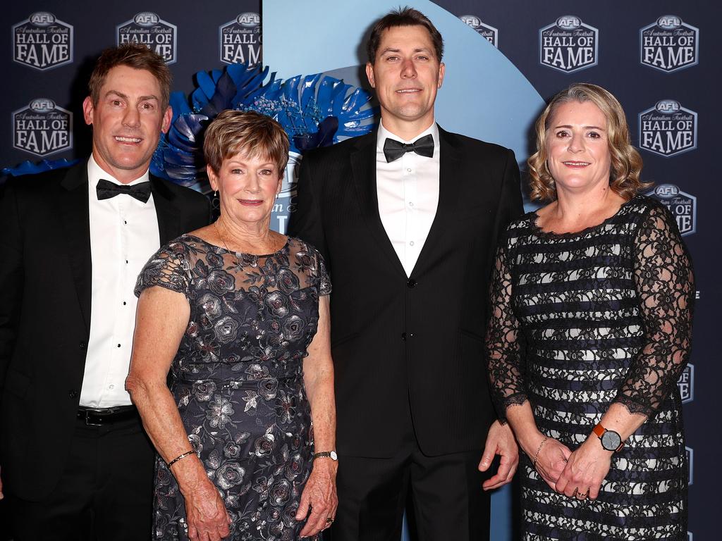 The family of Russell Ebert, Brett, Dian, Ben and Tammie, at the Hall of Fame ceremony. Picture: Getty Images