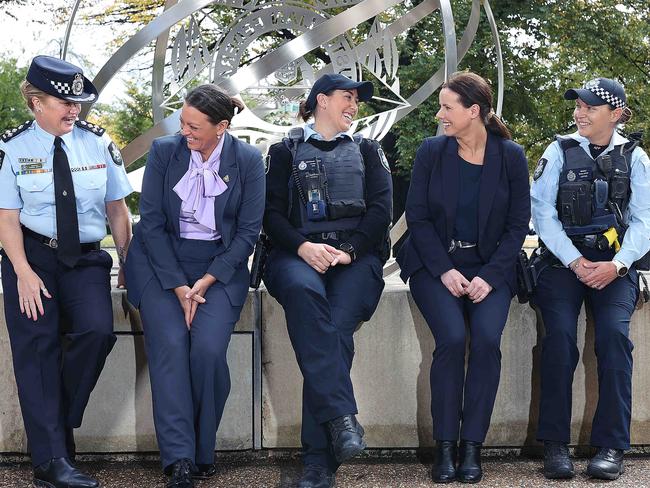 CANBERRA, AUSTRALIA NewsWire Photos May,05 2021: L-R: AFP Counter Terrorism - Enduring Risk Investigations Commander Sandra Booth, AFP Close Personal Protection Senior Constable Mel Treller,AFP Security Investigations and Diplomatic Protective Services Officer Liaison Allira Searle, AFP Cybercrime Operations Senior Constable Bethany Fuller andCT Policing Pacer & Mental Health Emergency Management, Ambulance and Police Collaboration Sergeant Shona Davis,  Picture: Gary Ramage