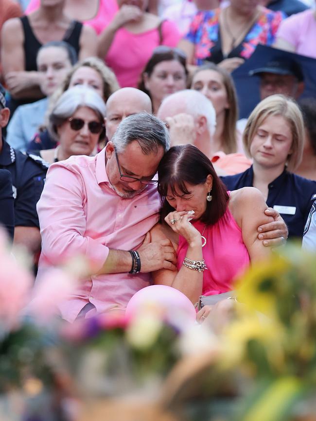 BRISBANE, AUSTRALIA - FEBRUARY 23: Lloyd and Suzanne Clarke, parents to Hannah Clarke, attend a vigil to remember murdered mother, Hannah Clarke and her three children at Bill Hewitt Reserve in Camp Hill on February 23, 2020 in Brisbane, Australia. Hannah Clarke, and her children Aaliyah, 6, Laianah, 4, and Trey, 3, were killed by Rowan Baxter after he doused them in petrol and set their car alight. Baxter stabbed himself and died shortly after. (Photo by Jono Searle/Getty Images) *** BESTPIX ***