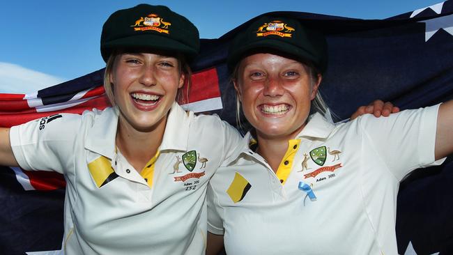 Ellyse Perry and Alyssa Healy celebrate a Test victory over England at Bankstown. Picture: File