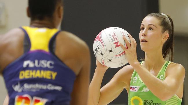 Emma Cosh (right) shoots during the round nine Super Netball match between Sunshine Coast Lightning and West Coast Fever. Picture: Getty Images