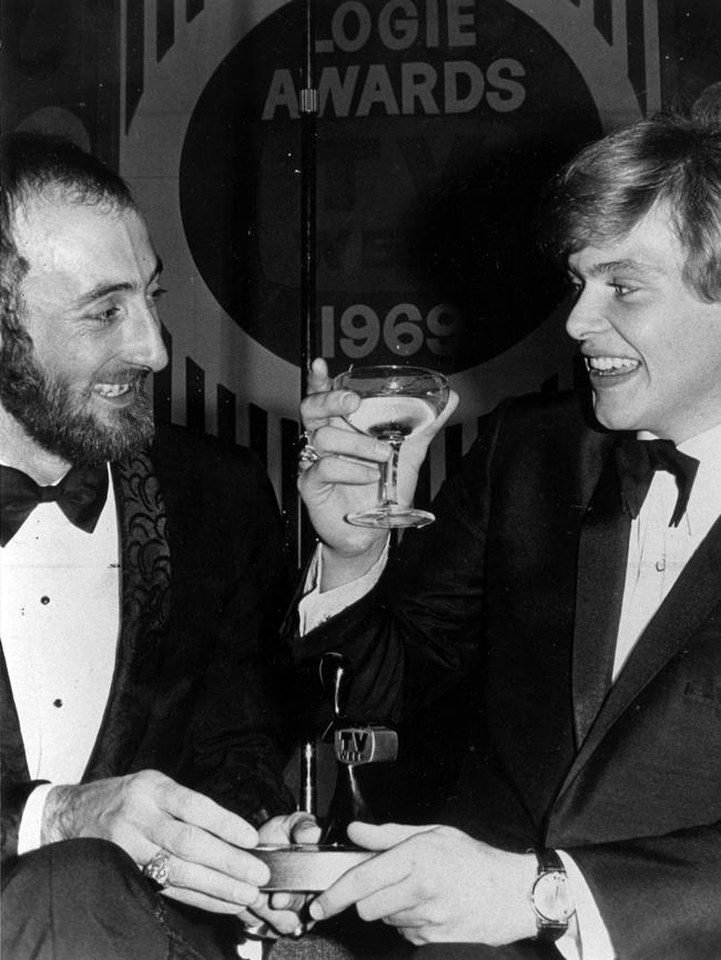 John Farnham and manager Darryl Sambell toast the singer's Logie success in 1969.