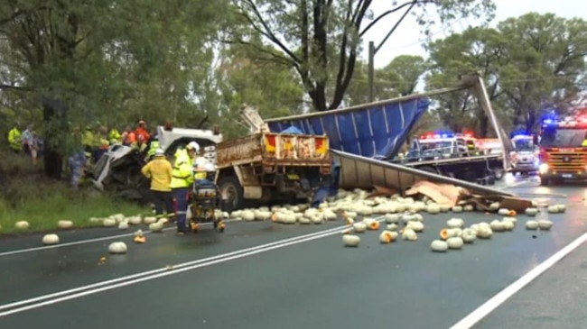 One of the trucks was carrying pumpkins which scattered across Richmond Rd. Picture: 9News