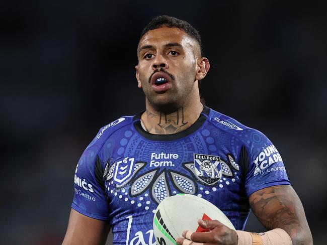 SYDNEY, AUSTRALIA - MAY 23:  Josh Addo-Carr of the Bulldogs warms up ahead of the round 12 NRL match between Canterbury Bulldogs and St George Illawarra Dragons at Accor Stadium on May 23, 2024, in Sydney, Australia. (Photo by Cameron Spencer/Getty Images)