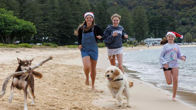 Cousins Connie Bishop, 16, Millie Cullinane, 14 and Edith Cullinane 10 playing with their dogs not he beach. Dad Daniel Bishop says Patonga in the summer is “their world”. Picture David Swift.