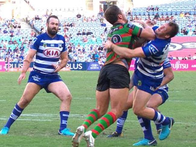 Sam Burgess is serving a two-week ban for this contact with Brett Morris.