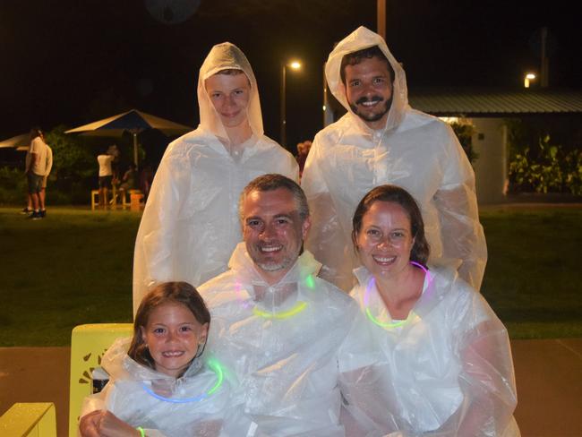 Petrus Eunke (12) and Marcius Bisbo (back) with Eva (7) and Christian Dunker and Suzan Isleb came prepared to New Year's celebrations in Airlie Beach. Picture: Laura Thomas