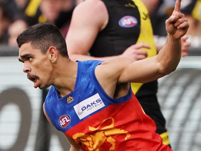 Charlie Cameron of the Lions celebrates a goal during the Round 25 AFL match between the Richmond Tigers and the Brisbane Lions at the MCG in Melbourne, Sunday, August 25, 2019.  (AAP Image/Michael Dodge) NO ARCHIVING, EDITORIAL USE ONLY