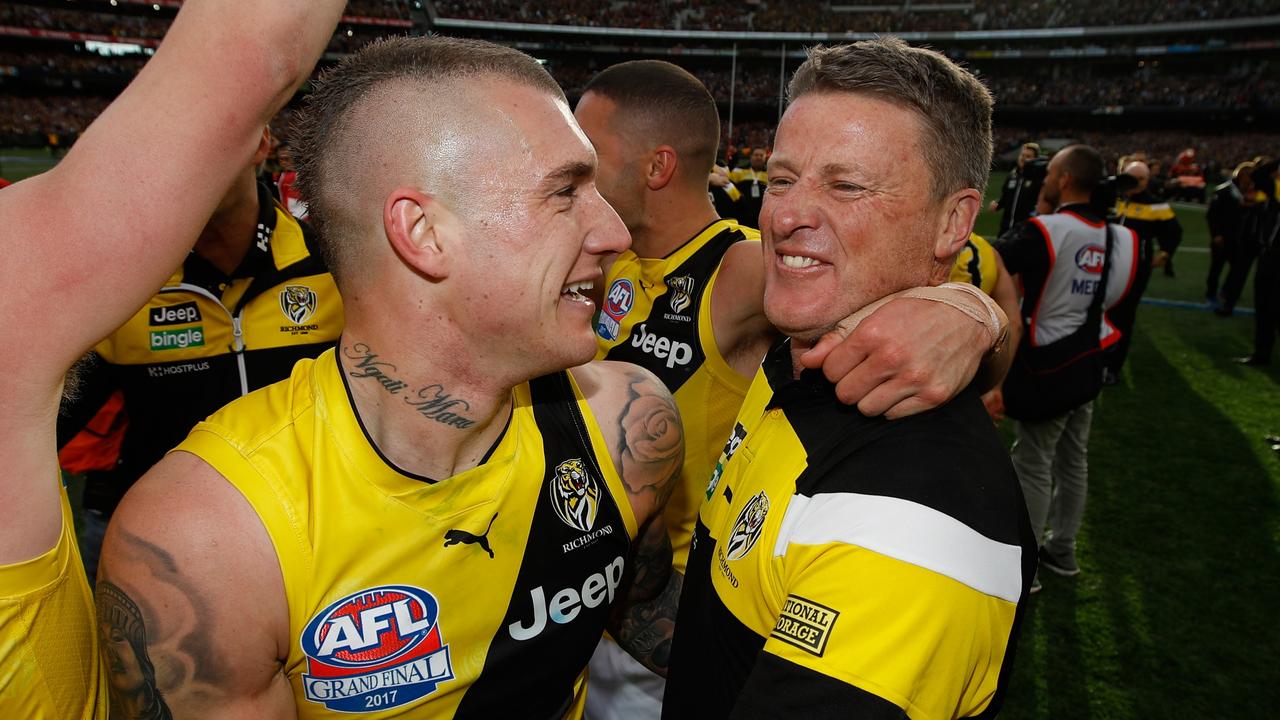 Dustin Martin and coach Damien Hardwick celebrate a premiership win together. Picture: Michael Willson