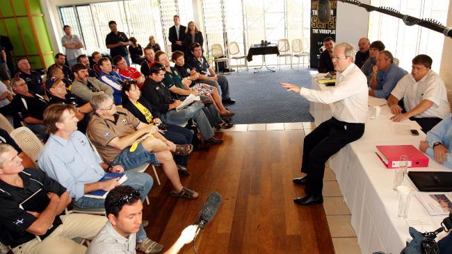 Kevin Rudd discusses the resource super-profits tax with mining union members in Mackay yesterday. Picture: Lyndon Mechielsen