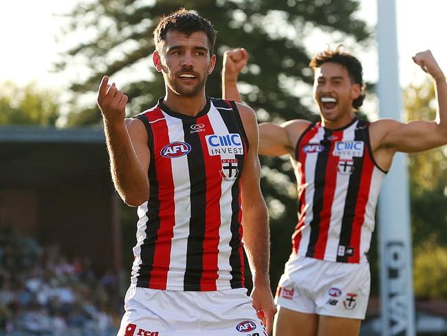 ADELAIDE, AUSTRALIA - APRIL 07: Riley Bonner of the Saints celebrates a goal with Mitch Owens of the Saints during the 2024 AFL Round 04 match between the Richmond Tigers and the St Kilda Saints at Norwood Oval on April 07, 2024 in Adelaide, Australia. (Photo by Sarah Reed/AFL Photos via Getty Images)