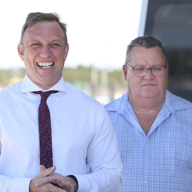 Deputy Premier Steven Miles with Matt Burnett and Rob Mitchell, general manager of Sealink Gladstone at the Marina. Picture: Annette Dew