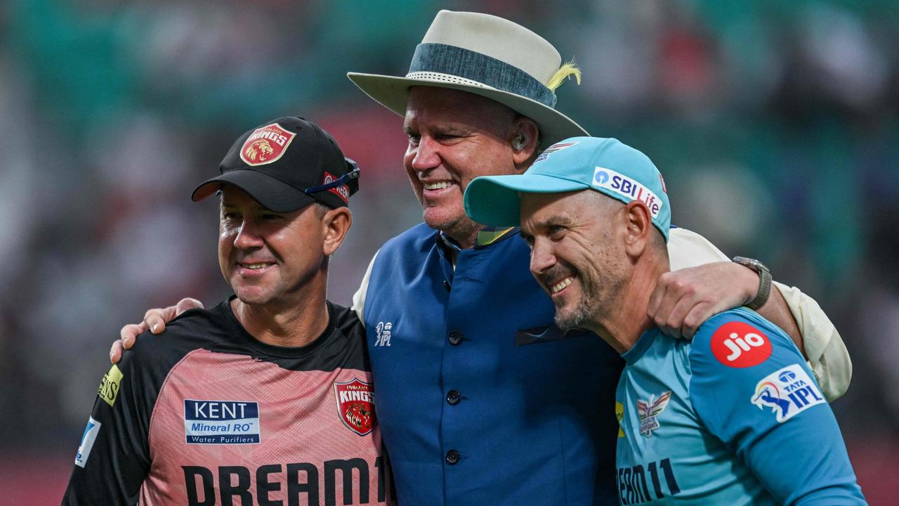 Punjabs coach Ricky Ponting, commentator Matthew Hayden and Lucknow Super Giants coach Justin Langer. (Photo by ARUN SANKAR / AFP)