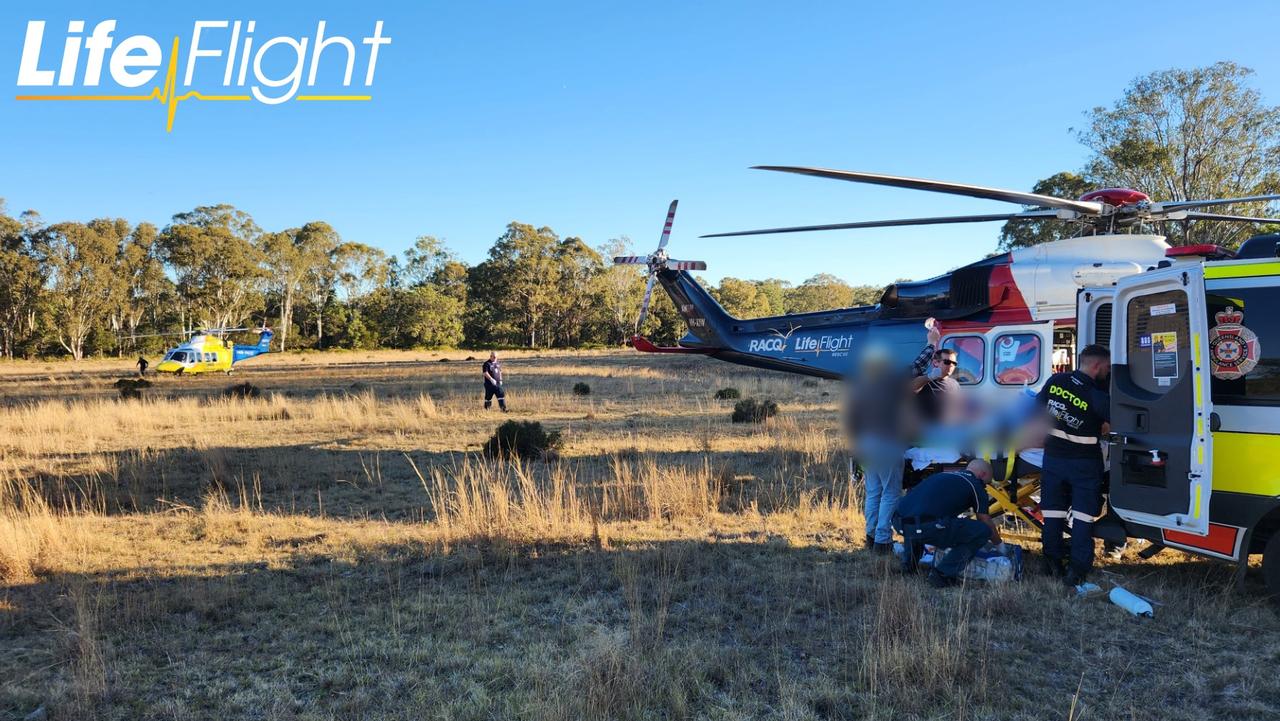 A man and woman have been flown to hospital by two LifeFlight rescue choppers after a single vehicle crash at Cooyar on Saturday, June 10, 2023. Photos courtesy of LifeFlight