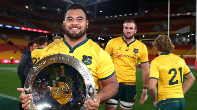 Taniela Tupou of the Wallabies poses with the Mandela Plate after winning The Rugby Championship match between the Australian Wallabies and the Springboks. Picture: Getty Images