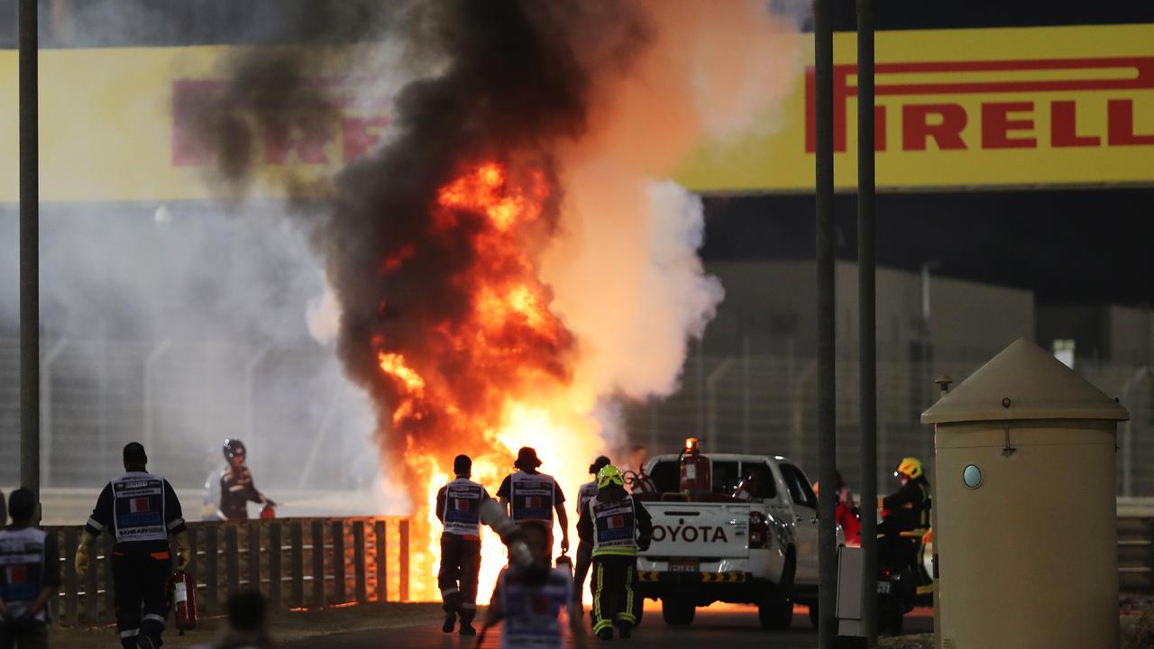 A fire is pictured following the crash of Romain Grosjean (Photo by Kamran Jebreili - Pool/Getty Images)