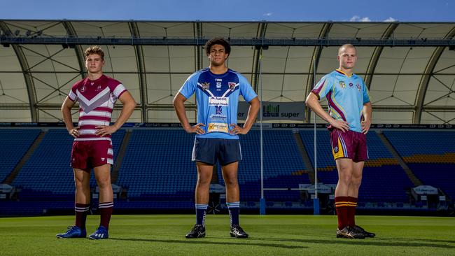 Titans Schools League players Jack Kelly (St Michael's College), Aston Bai, (Marymount College) and Jack Hudson (Keebra Park SHS). Picture: Jerad Williams