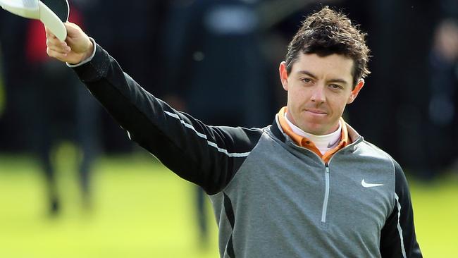 Rory McIlroy of Northern Ireland waves to the crowd.