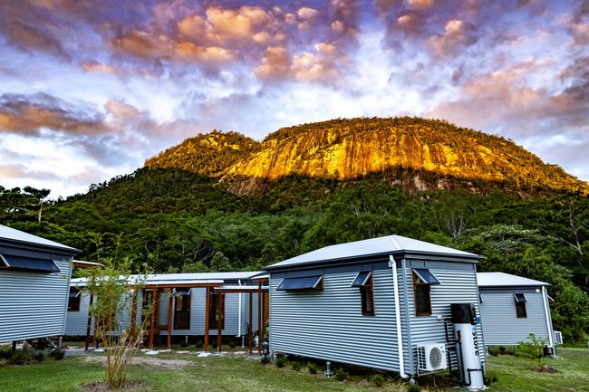 The Mount Jukes Eco Resort, built from scratch by yoga aficionado David Deakin, holds glamping tents and a half-moon shaped house that face Mt Jukes and Mr Deakin says the â€œenergyâ€ of the property has to be experienced to be understood. Picture: Contributed