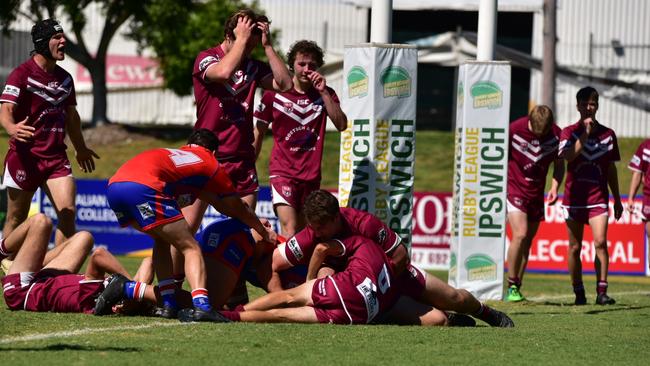 <br eom-tag-name="br"/>Try scoring action from the 2021 Rugby League Ipswich Colts preliminary final between Redbank Plains and Fassifern Bombers. Picture: Bruce Clayton