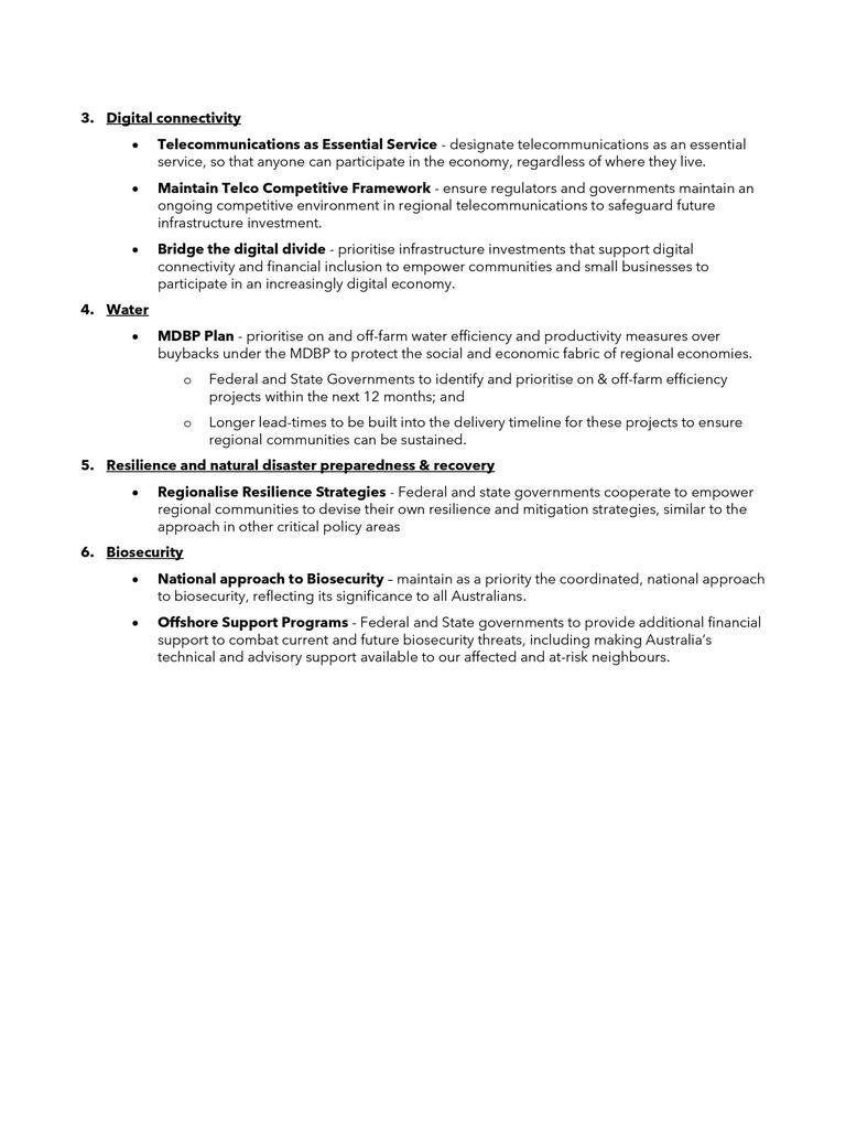 Page 2 of 2. The 2022 Bush Summit Communique, outlining action points which will be shared with Prime Minister Anthony Albanese and Premier Dominic Perrottet.