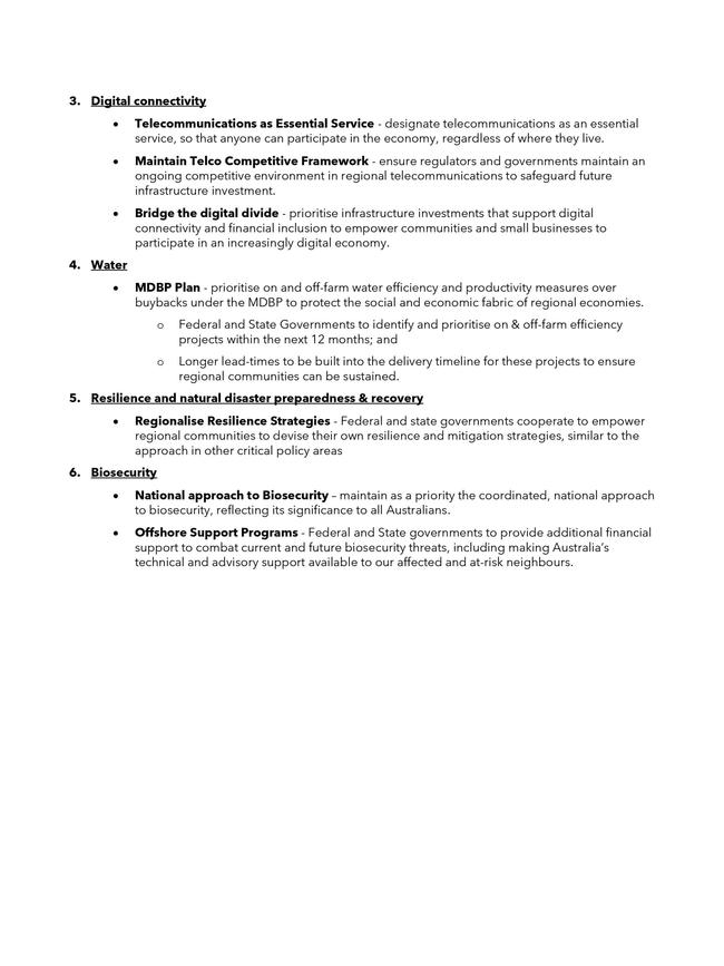 Page 2 of 2. The 2022 Bush Summit Communique, outlining action points which will be shared with Prime Minister Anthony Albanese and Premier Dominic Perrottet.