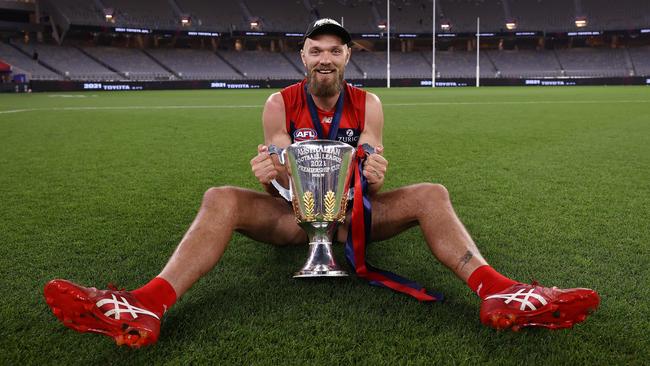 Melbourne skipper Max Gawn with the premiership cup after winning the 2021 AFL Grand Final. Picture: Michael Klein