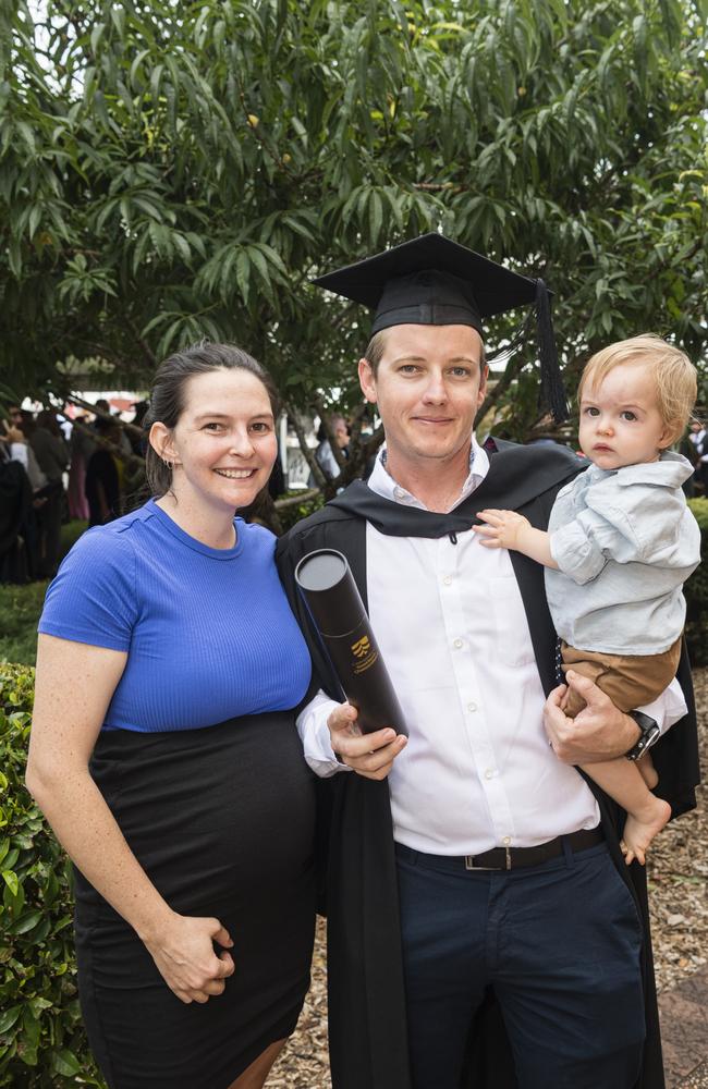 Bachelor of Engineering graduate Alistair Thorogood with wife Emily and son Kai Thorogood at a UniSQ graduation ceremony at Empire Theatres, Wednesday, February 14, 2024. Picture: Kevin Farmer