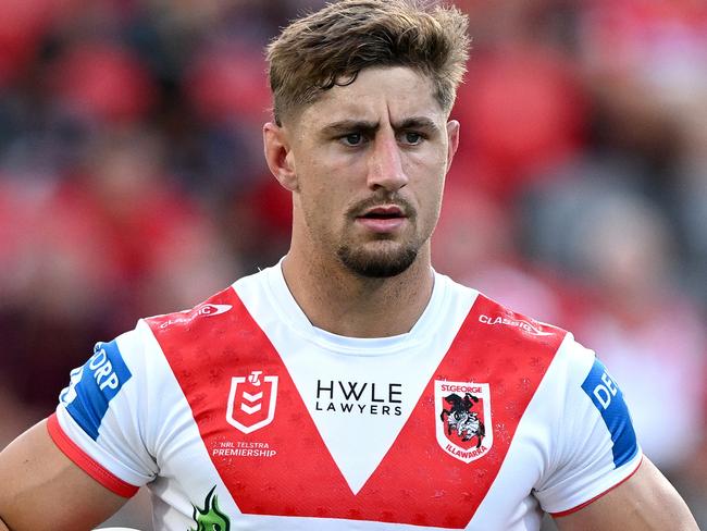 BRISBANE, AUSTRALIA - MARCH 17: Zac Lomax of the Dragons is seen during the warm up before the round two NRL match between the Dolphins and St George Illawarra Dragons at Kayo Stadium, on March 17, 2024, in Brisbane, Australia. (Photo by Bradley Kanaris/Getty Images)