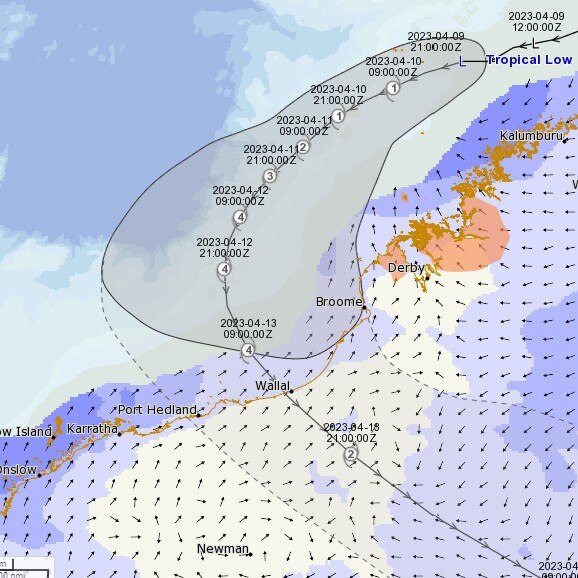 A tropical low off the Kimberley coast in Western Australia is expected to become Cyclone Ilsa. Picture: BOM/METEYE