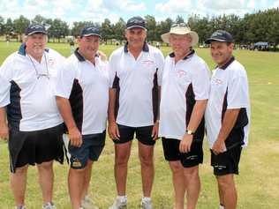 GOOD MATES: (From left) Brad Mutton, Tony Small, Don Warrener, Greg McMahon and Peter Rutledge pictured in 2011 after playing in 20 successive Warwick cricket carnivals for Bears/Small's XI. Picture: Gerard Walsh