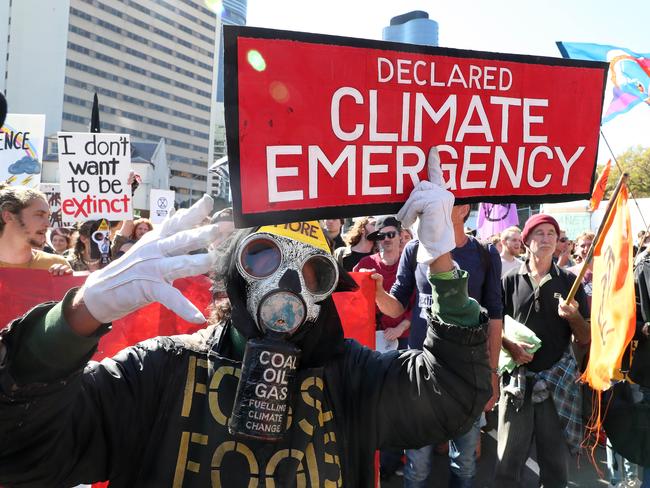 Extinction Rebellion protest blocking Margaret St, Brisbane. Picture: Liam Kidston