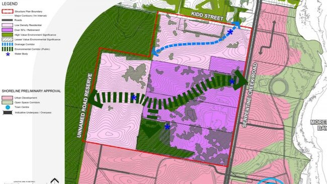 Shades of deep pink indicate Shoreline development expansion around the planned Halcyon Redland Bay luxury resort (in purple).