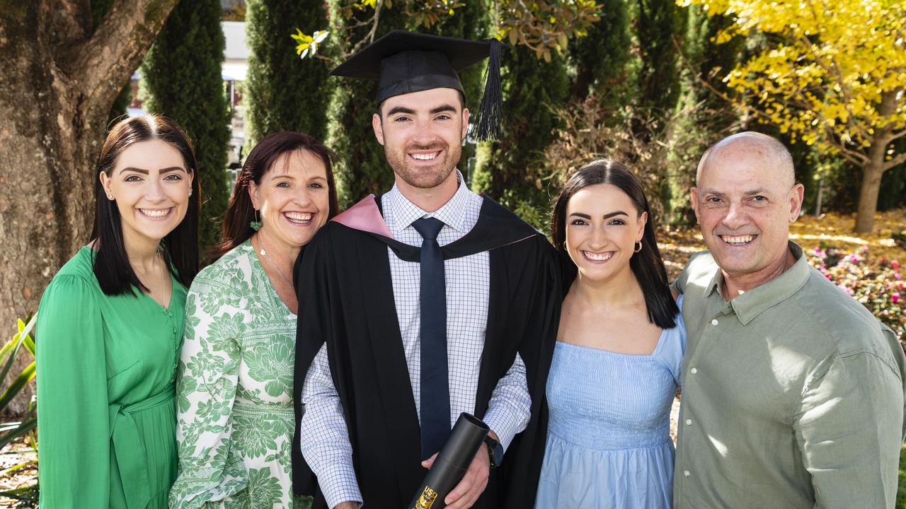 Bachelor of Education (Secondary) graduate Harrison Ham with (from left) Rianna Chandler, Janelle Ham, Caitlin Ham and Clinton Ham at the UniSQ graduation ceremony at Empire Theatres, Wednesday, June 28, 2023. Picture: Kevin Farmer
