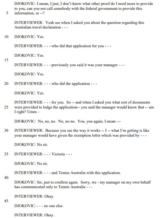 Interview transcripts reveal conflicting information from Djokovic during airport interrogation.