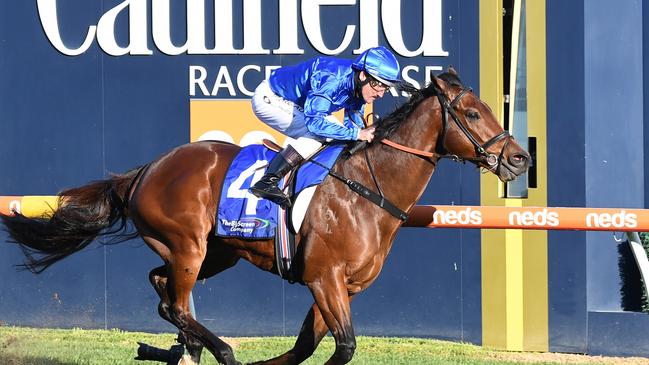 Damien Oliver guides Viridine to victory in the Bletchingly Stakes at Caulfield. Picture: Getty Images