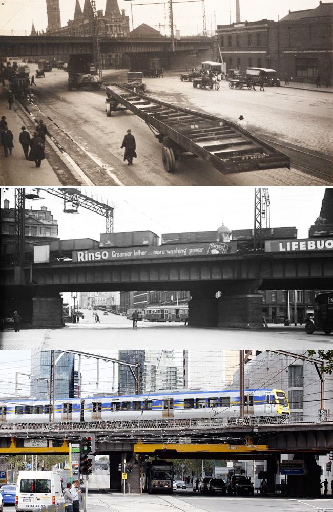 The rail overpass at Spencer St and Flinders St during bridge construction in 1928, and after completion. Pictures: State Library of Victoria, Public Records Office of Victoria, Herald Sun archive