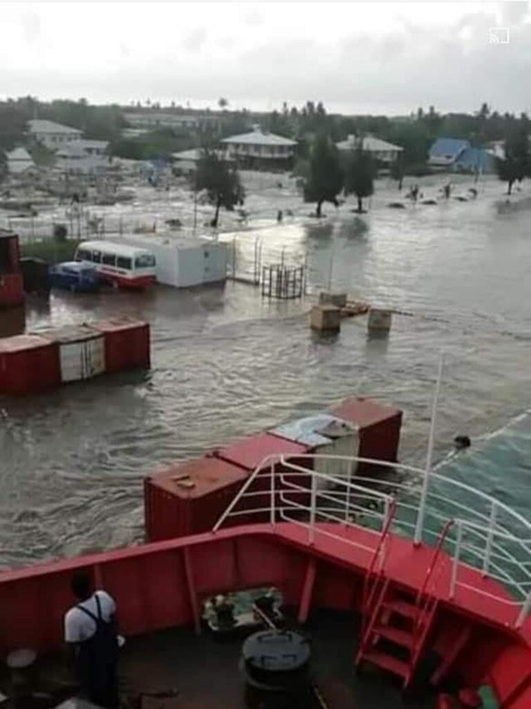 Tsunami waves hit Tonga after a volcano erupted below the surface of the ocean on Saturday. Picture: Consulate of the Kingdom of Tonga